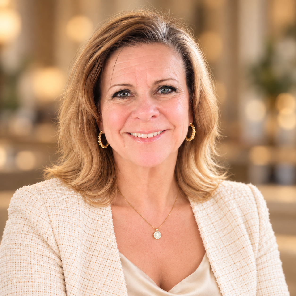 Barbara, founder of the Elevate Life Movement, smiling in a cream blazer
